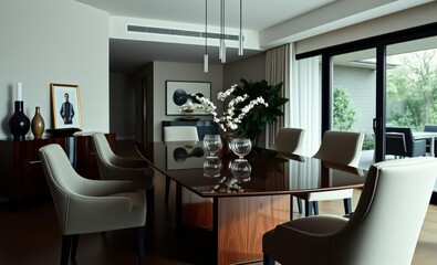 A sleek modern dining room featuring a glossy wooden table adorned with elegant upholstered chairs and minimalist d�cor that exudes sophistication A perfect template for interior design enthusia