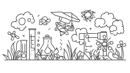 Educational science illustration featuring various lab equipment and scientific concepts