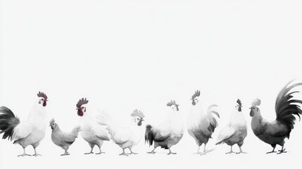 Row of farm fowl in monochrome