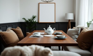 A minimalist haven of Scandinavian style featuring a sleek wooden table adorned with a delicate tea pot plush cushions and a mock up poster frame creating a cozy yet sophisticated dining experienc