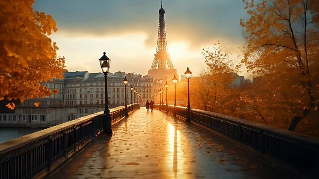 Eiffel Tower glowing under golden sunset with reflections on wet stone path. Iconic landmark concept