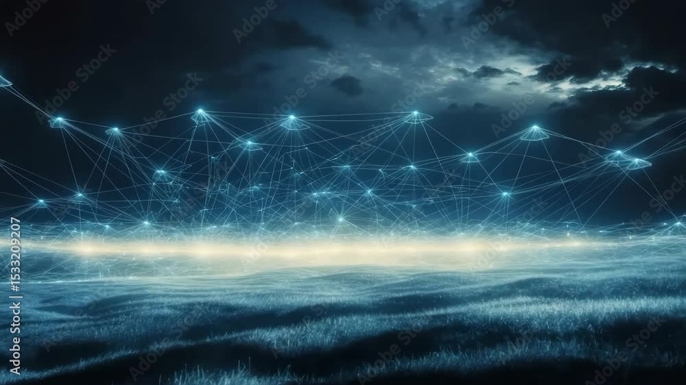 Aufkleber abstract network technology illustration featuring connection nodes with blue glowing lines.
