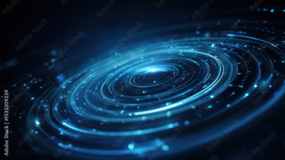 Poster abstract dark blue tech vortex with glowing elements and chart