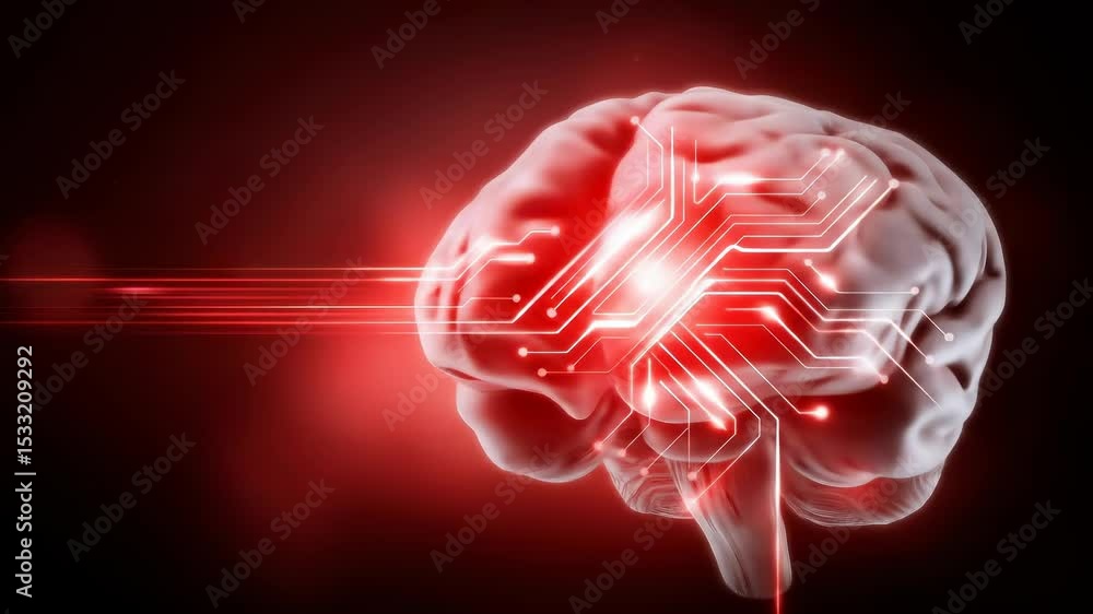 Poster a human brain with integrated digital circuit patterns, symbolizing the fusion of technology and int