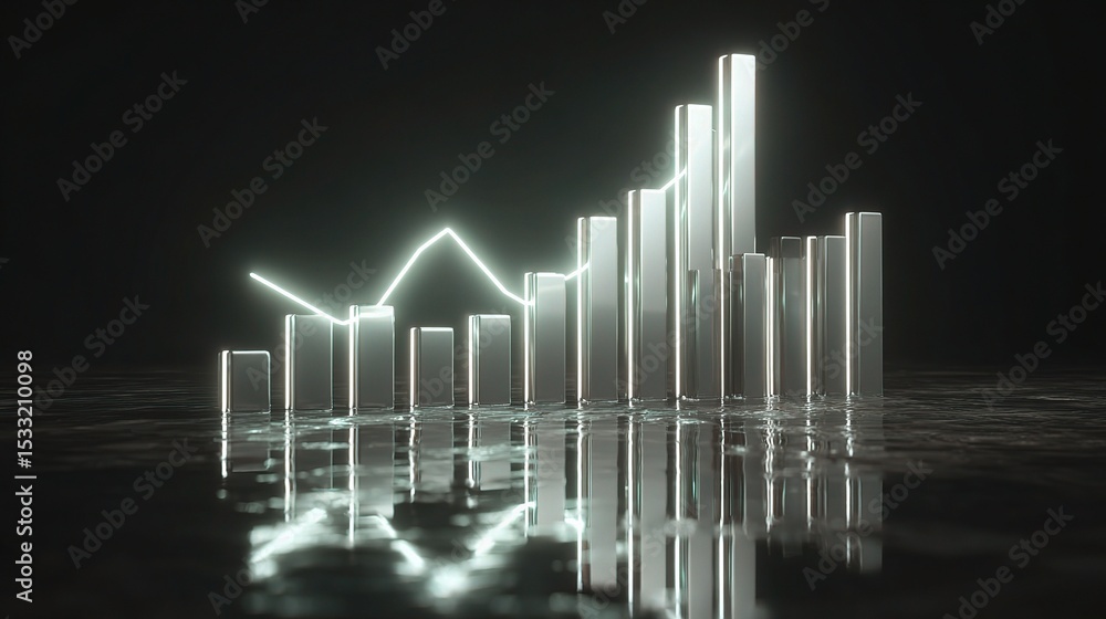 Poster 3d rendering of glowing bar graph with stock market elements