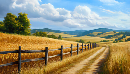Idyllic countryside scene with golden wheat fields, rustic wooden fence, blue sky, fluffy clouds. Rural landscape, pathway leads through wheat field, green grass, trees on horizon