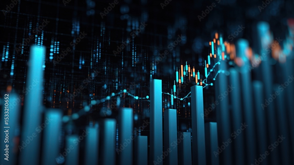 Poster abstract trading interface with glowing bar columns and data visuals