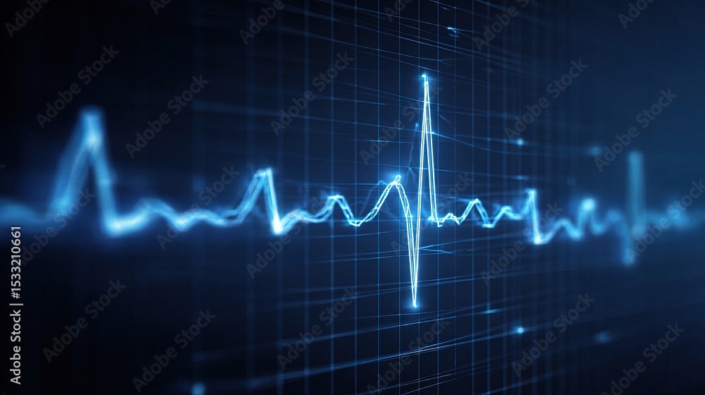 Poster blue pulsing ecg line over dark background in grid style design