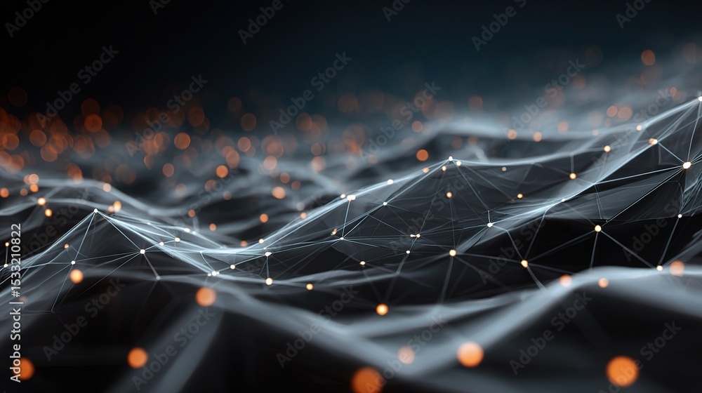 Poster 3d network grid with floating particles and tech nodes in motion
