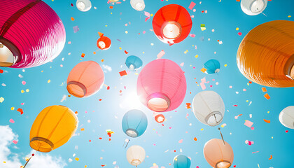 Aerial view of colorful lanterns floating against blue sky background. Lantern festival celebration in daytime. Festive atmosphere. Joyful event with party decorations