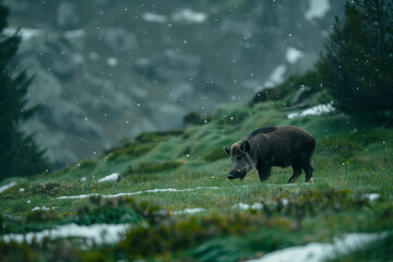Wild Boar in Fjord alpine valley walking near lake between sharp cliffs and snowy northern peaks in natural habitat