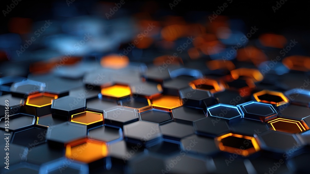 Poster 3d hexagonal tiles in alternating blue and orange design