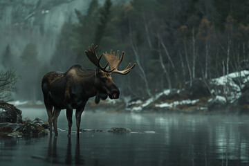 Moose in Fjord feeding quietly near snowy ridges with glacier lake and green trees in arctic alpine valley