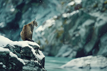 Lynx in Fjord snowy habitat beside frozen lake and high mountains within pristine cold northern wilderness ecosystem