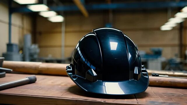 Black hard hat and wooden rods on a table inside a factory setting for industry or construction. Safety and tools concept.