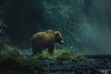 Bear in Fjord landscape showing snowy peaks, rocky lakeshore, and cold northern habitat in pristine mountain wilderness