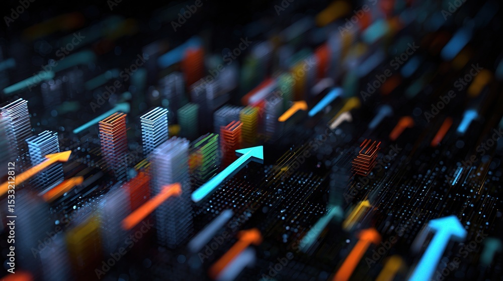 Poster 3d mesh visualization of floating trade bars with rising arrows