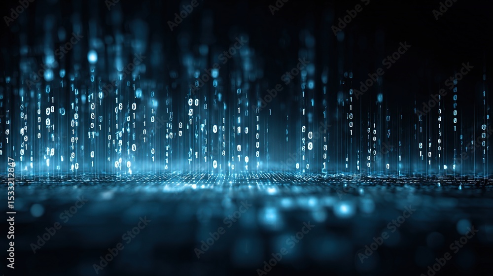 Poster blue toned background featuring streaming binary code elements