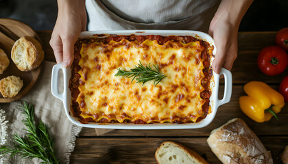 Woman presents homemade lasagna, layered with mozzarella cheese, pasta, marinara sauce. Food styling, cooking process, culinary art with fresh ingredients. Italian cuisine