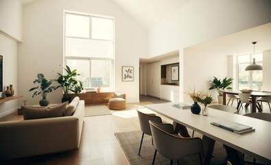 Fototapeta premium A minimalist haven bathed in sunlight features a sleek design sofa a spacious dining table adorned with lush greenery and elegant personal accessories creating a warm and inviting atmosphere The 