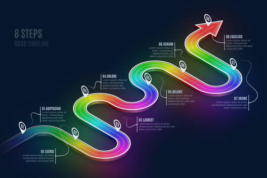 Isometric navigation map infographic 8 steps timeline concept. Winding road.