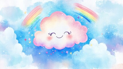 A smiling cloud amidst the blue sky and a bright rainbow