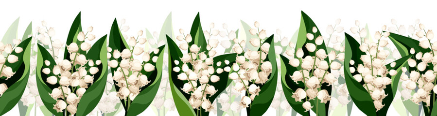Floral seamless border with lily of the valley flowers and leaves. Vector horizontal seamless background