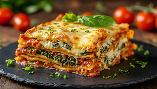 Homemade lasagna dish on plate with melted cheese, fresh basil, tomatoes. Italian baked meal with layers of pasta, meat sauce, cheese. Culinary delight lunch serving