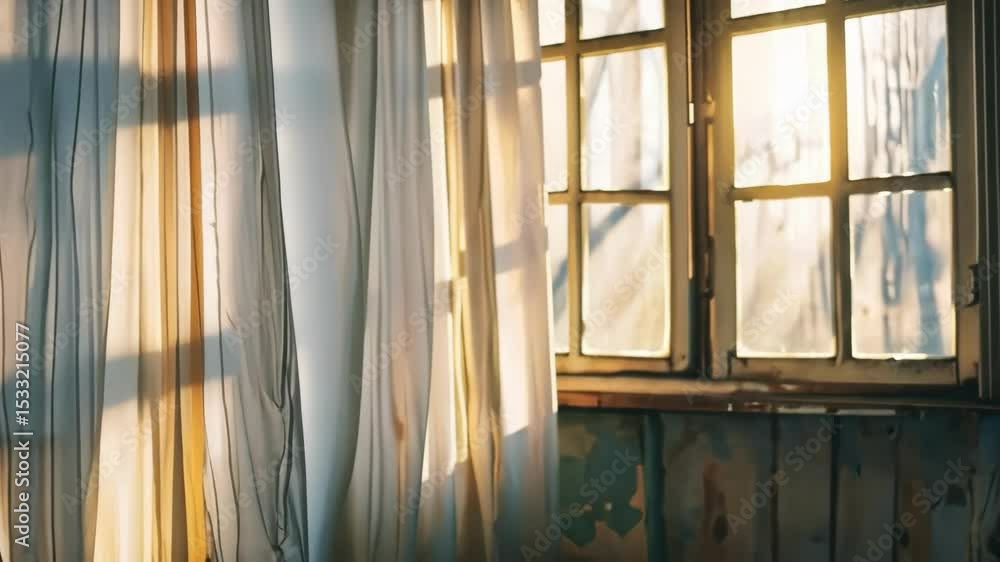 Poster Sunlight streams through curtained window, creating soft light and shadows, cozy interior.