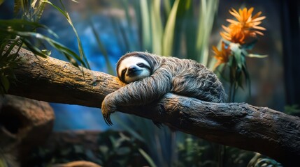 A sloth resting comfortably on a tree branch in habitat