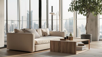 Elegant Scandinavian Style Living Room Interior with Modern Furniture and City View Through Large Window, Minimalist Home Decor Concept in Neutral Tones, Cozy Lounge Space for Interior Design Project 
