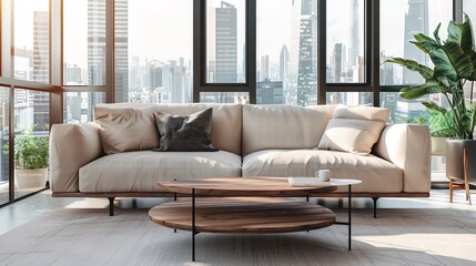 Elegant Scandinavian Style Living Room Interior with Modern Furniture and City View Through Large Window, Minimalist Home Decor Concept in Neutral Tones, Cozy Lounge Space for Interior Design Project 