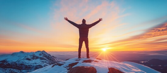 A person stands triumphantly on mountain during sunrise or sunset