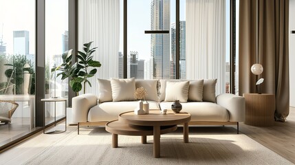 Elegant Scandinavian Style Living Room Interior with Modern Furniture and City View Through Large Window, Minimalist Home Decor Concept in Neutral Tones, Cozy Lounge Space for Interior Design Project 