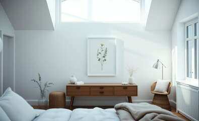 A serene Scandinavian interior bathed in soft natural light adorned with a minimalist white poster frame showcasing a botanical print creating a calming and inviting space for a nature lover