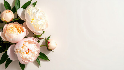 Blush peony and cream rose bouquet with green leaves, modern minimalist flat lay on light background, gentle shadows, elegant and romantic floral arrangement