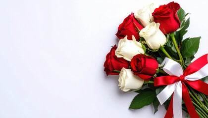 Classic red and white rose bouquet tied with satin ribbon, fresh green leaves, romantic floral arrangement, perfect for celebration or gift, elegant and photorealistic style