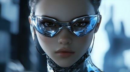A futuristic woman wearing reflective glasses in a cool pose