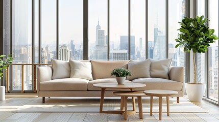 Elegant Scandinavian Style Living Room Interior with Modern Furniture and City View Through Large Window, Minimalist Home Decor Concept in Neutral Tones, Cozy Lounge Space for Interior Design Project 