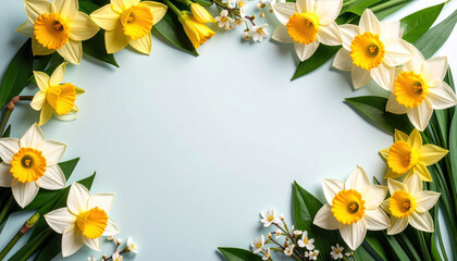 Fresh green leaves, daffodils, and cherry blossoms frame soft blue background with space for text, creating cheerful and spring inspired floral border