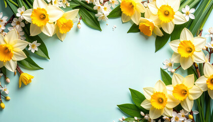 Fresh green leaves, daffodils, and cherry blossoms frame soft blue background with space for text, creating cheerful and vibrant spring atmosphere