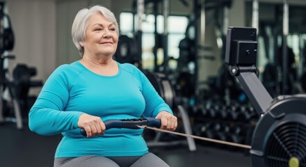 A happy senior plus-size woman doing a rowing machine workout in a modern gym.
