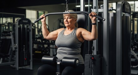 An older woman is working on her strength with a lat pulldown machine at the gym.
