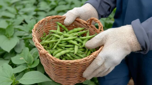 A close-up of gloved hands holding a wicker basket filled with fresh green beans. Concept of farm to table produce.