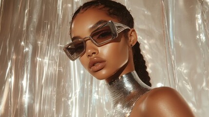 A beautiful woman poses with sunglasses looking towards the viewer