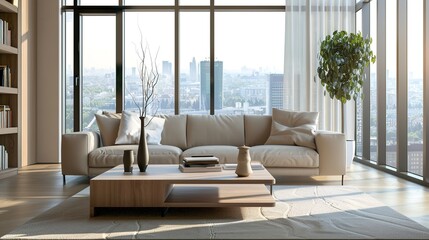 Elegant Scandinavian Style Living Room Interior with Modern Furniture and City View Through Large Window, Minimalist Home Decor Concept in Neutral Tones, Cozy Lounge Space for Interior Design Project 