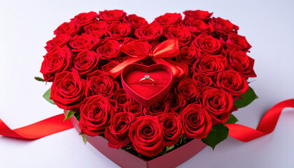 Heart shaped bouquet of red roses with engagement ring in velvet box, romantic ribbon, perfect for proposal or anniversary celebration, expressing love and joy