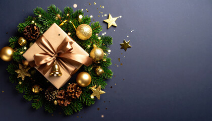 Gift box with shiny ribbon surrounded by festive wreath, golden bells, pinecones, baubles, and star accents on dark background, creating joyful holiday atmosphere