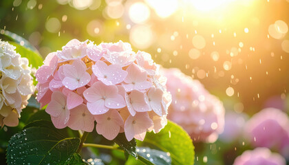 Pink hydrangea flowers with water droplets glistening in gentle rain, soft sunlight in background, creating fresh and peaceful garden atmosphere