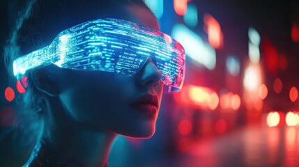 Woman wearing futuristic augmented reality glasses in a cyberpunk setting